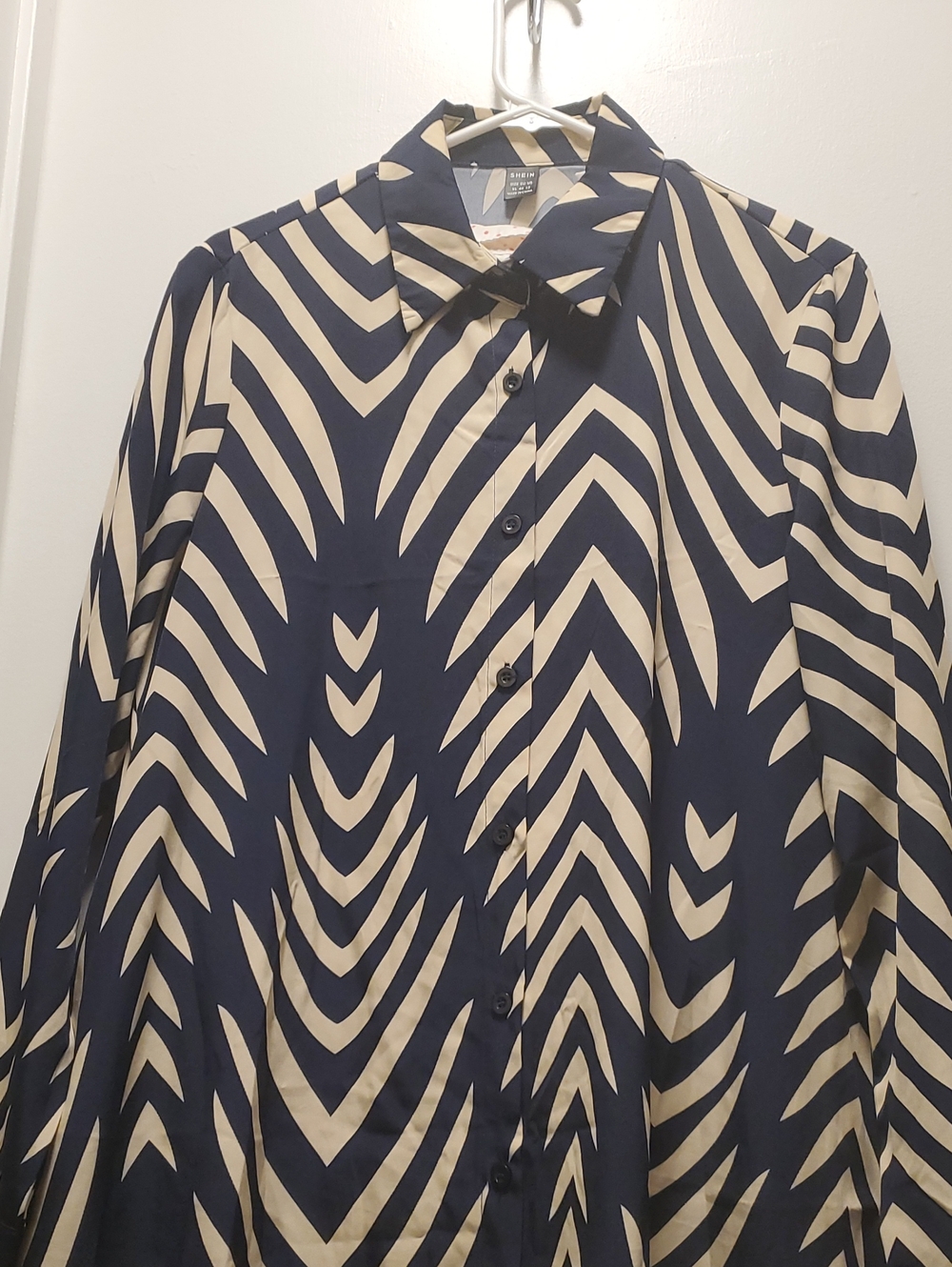 SHEIN Navy and Cream Zebra Print Button-Up Blouse
